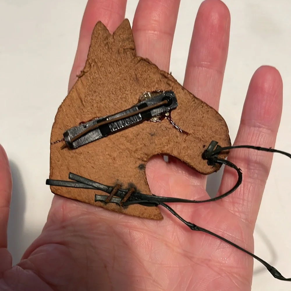 Vintage handmade brown leather horse brooch